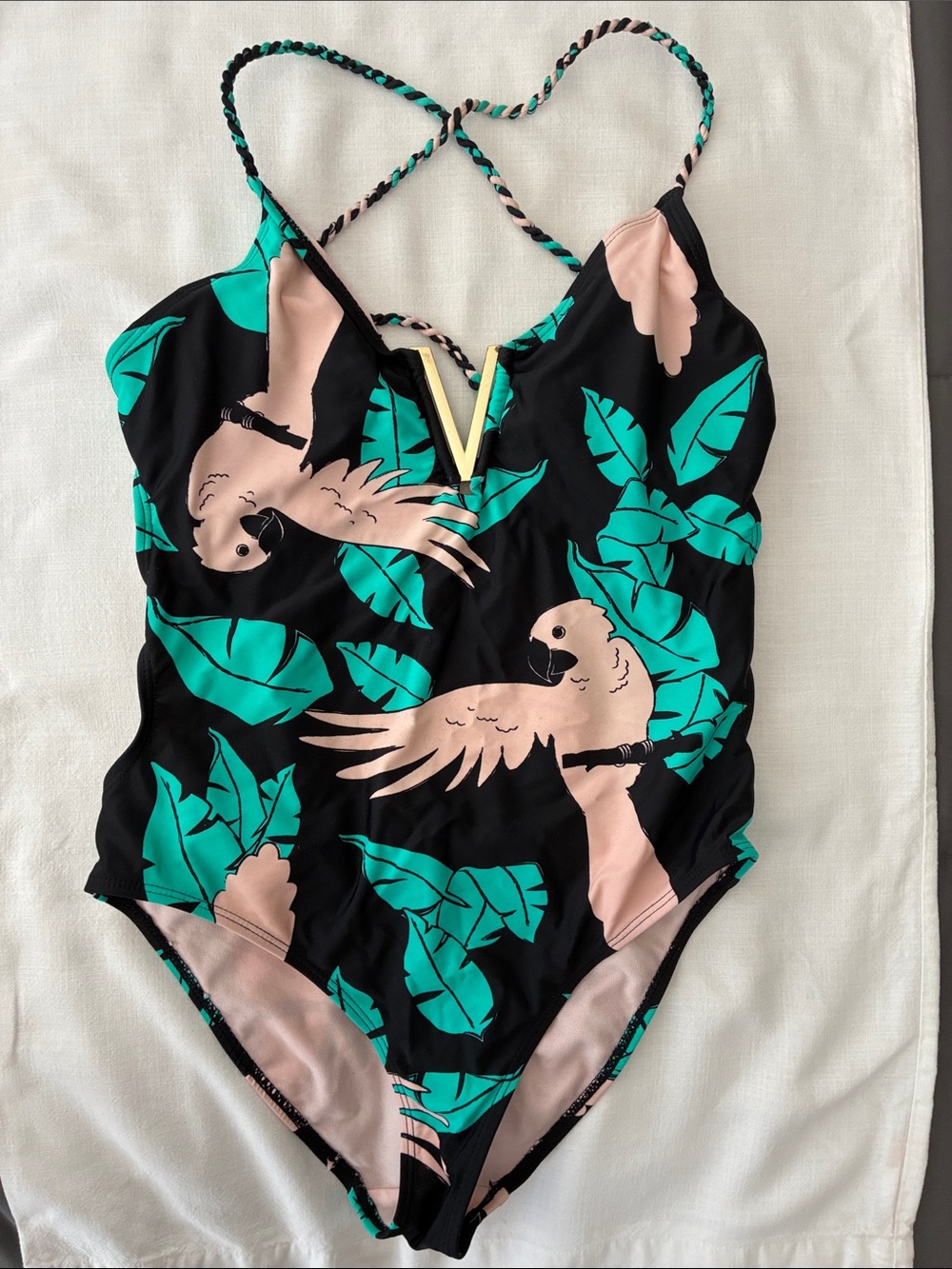 No Boundaries Black Tropical Parrot One-Piece Swimsuit with Teal & Pink Accents